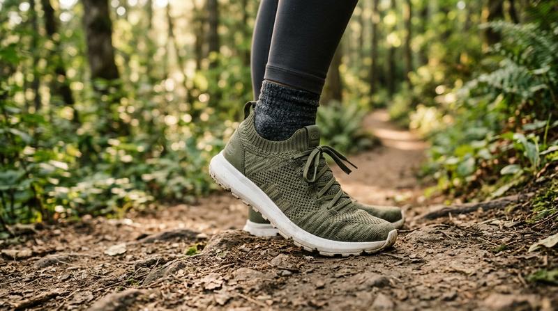 Hiker wearing AERIS Leaf sneaker on forest trail