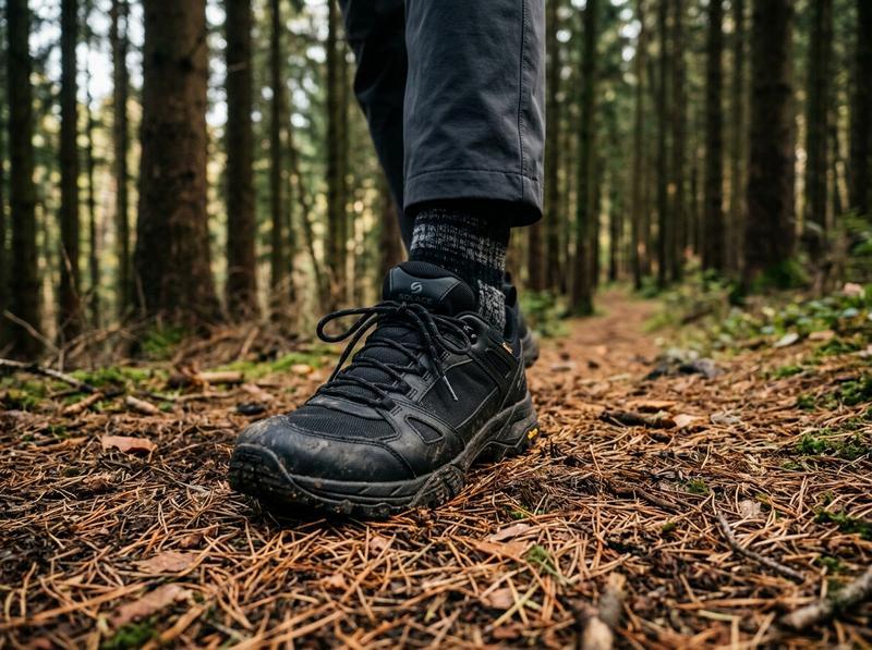 Person wearing AERIS Alpine Obsidian Charcoal Hiking Boot