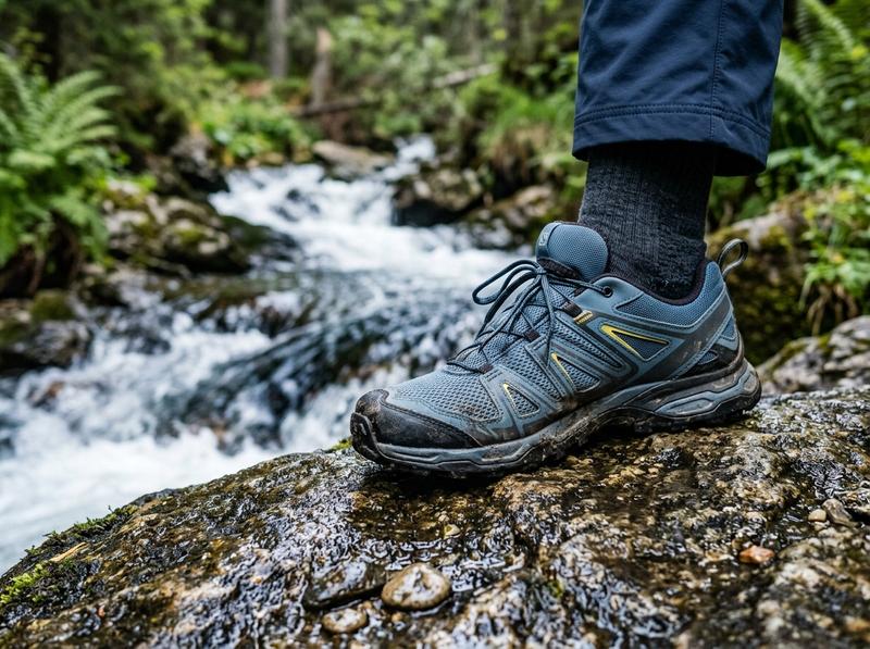 Person wearing AERIS Glacier Steel Blue Hiking Shoe