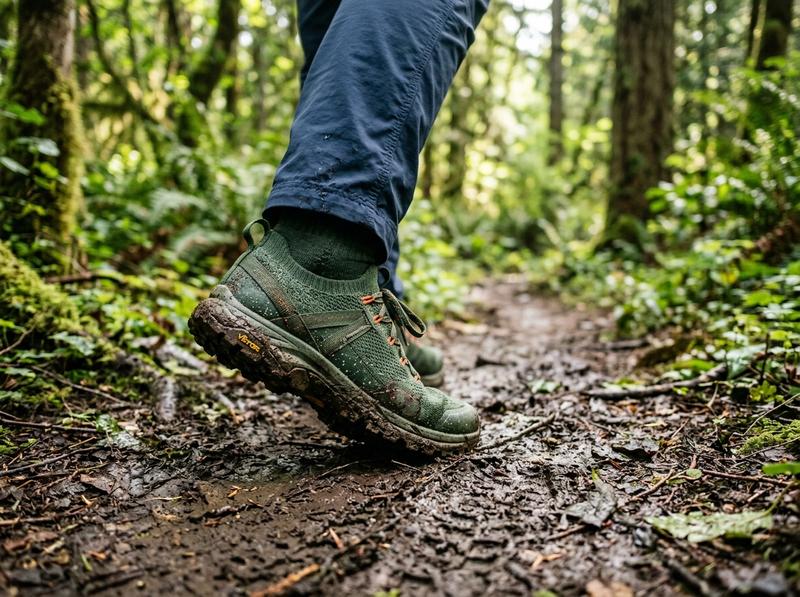 Person wearing AERIS Peak Forest Green Hiking Shoe