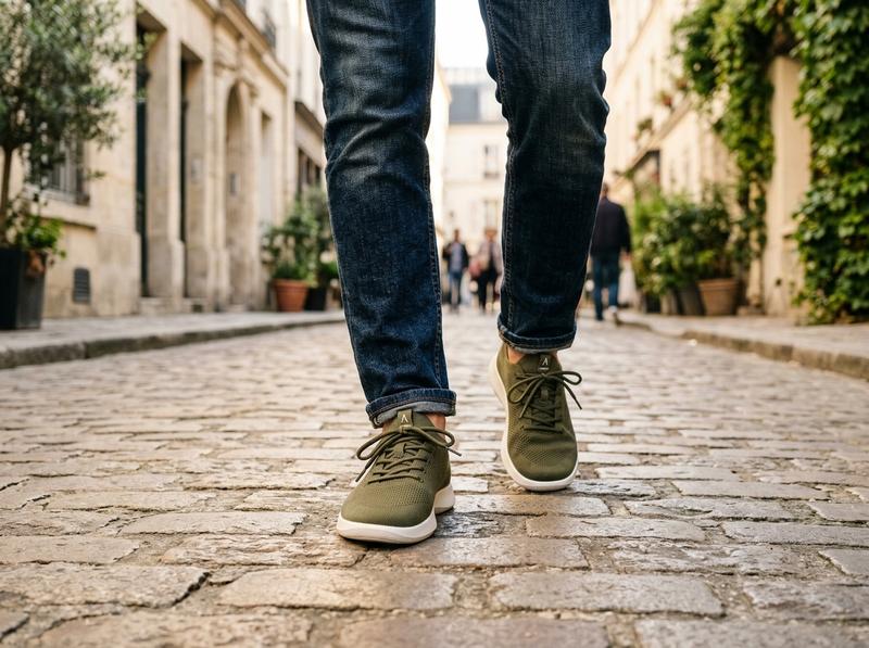 Person wearing AERIS Leaf Olive Sneaker