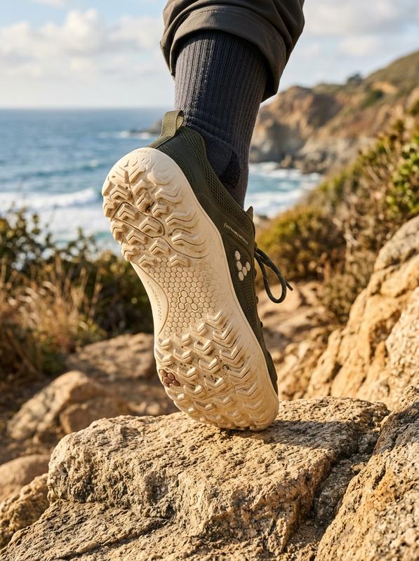 Close-up of cream organic rubber tread climbing a trail