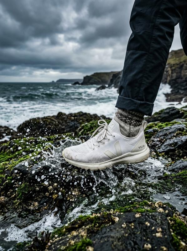 White plant-fiber sneaker stepping on wet sea rocks with water splashing