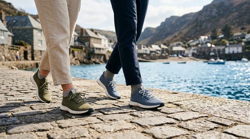 Two people walking side-by-side in AERIS sneakers on a stone pier